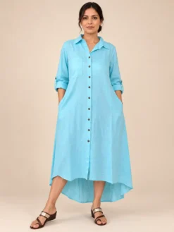Vestido Camisero Midi Asimétrico de Lino Viscosa – Celeste